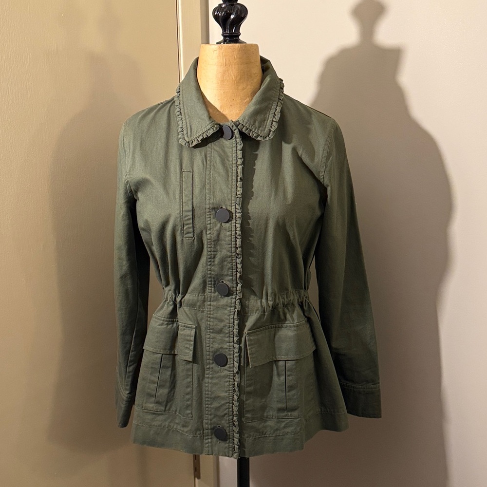 Olive green denim  button up Jacket
Ruffle collar